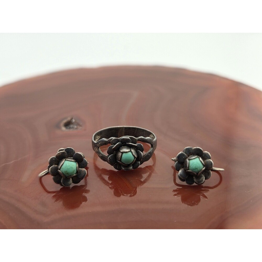 Vintage MCM Oaxaca Mexico Sterling Silver Turquoise Flower Ring+Earrings Stamped